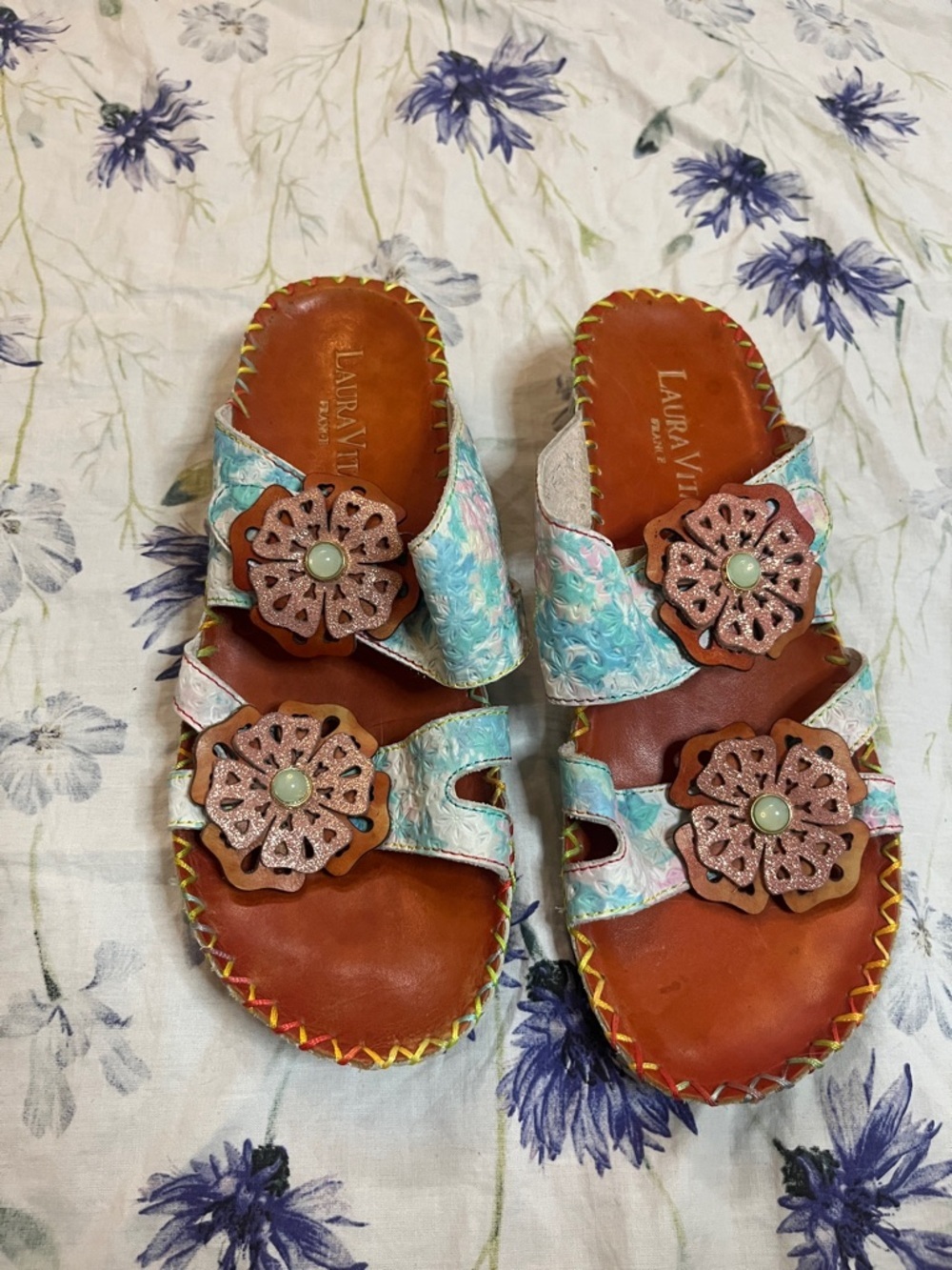 Aqua Floral Leather Slide Mules with Decorative Rosettes